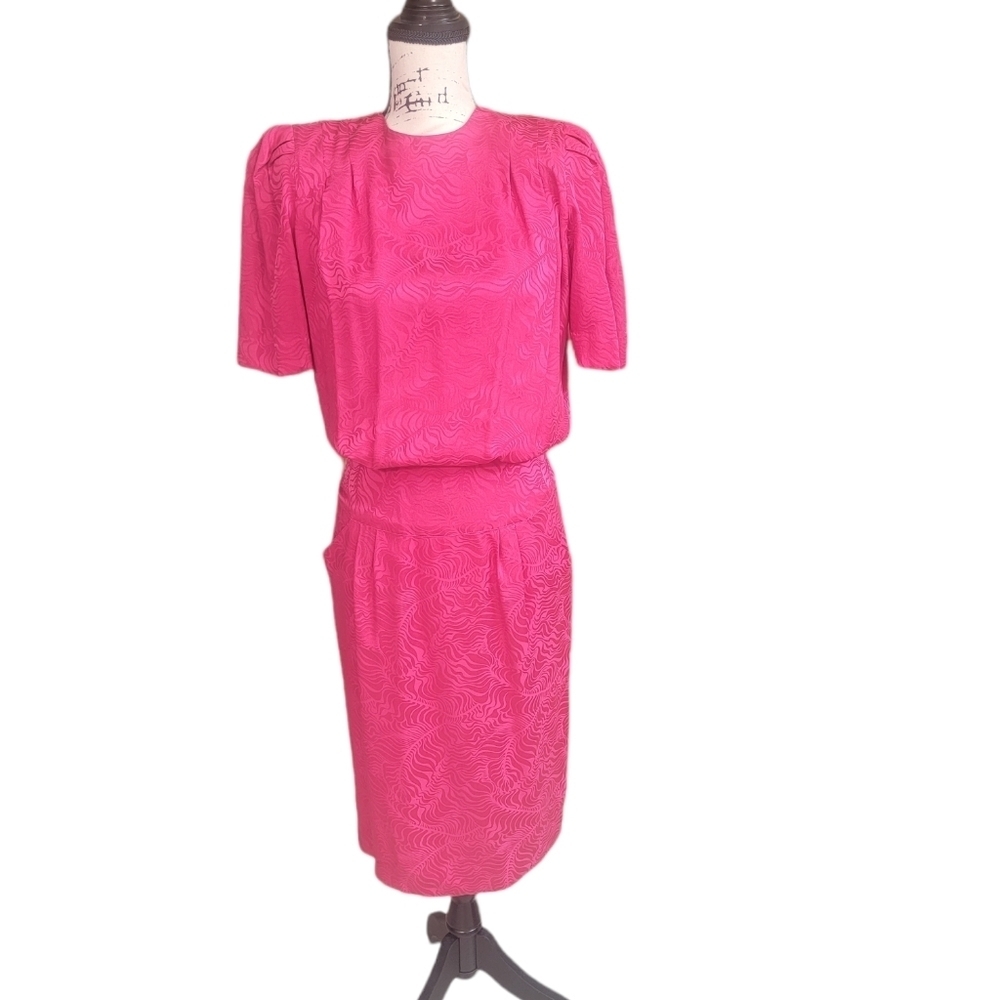 Liz Claiborne Vintage 80s‎ Darling Preppy Hott Pink 100%Silk Dress